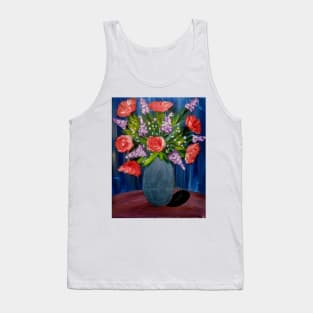 Some mixed flowers with red roses In a metallic baby blue vase Tank Top